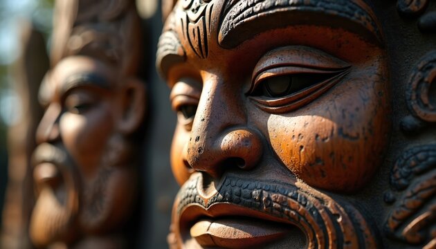 Close up of Maori wood carving. Sculpture artistry craftsmanship. Intricate details reflect ancestral heritage. Native art embodies tradition. Ancient cultural artifact. Wooden carving represents