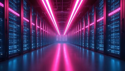 Data center servers with glowing neon lights. Cyber space with digital data servers. Modern tech concept shows infrastructure for storing processing info. Futuristic data center room with server