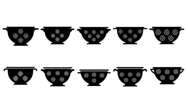 A collection of black colander icons arranged in two rows against a white background. - Powered by Adobe