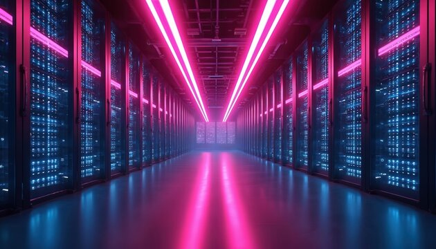 Data center servers with glowing neon lights. Cyber space with digital data servers. Modern tech concept shows infrastructure for storing processing info. Futuristic data center room with server - Powered by Adobe