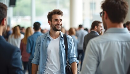 Obraz premium Smiling man with bag walks through busy convention center. People network at business event, looking for new job prospects and career advancement. Future growth and opportunity.