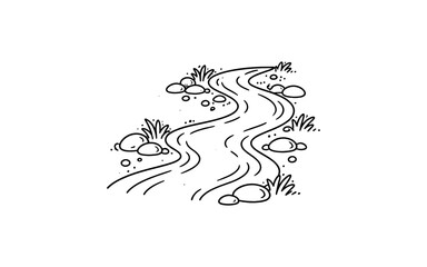 Obraz premium Simple line drawing of a winding stream with rocks and grass on the banks