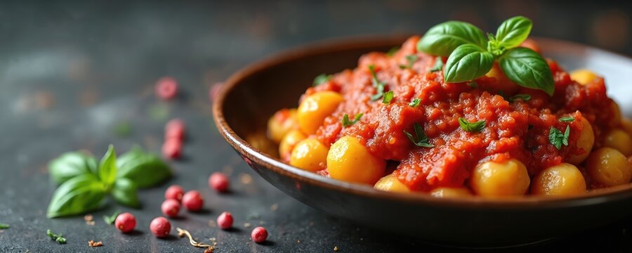Tasty gnocchi in red Bolognese sauce is served in dark bowl. Dish decorated with basil on background. Italian cuisine classic meal on a table. Food presentation for restaurant menu. - Powered by Adobe