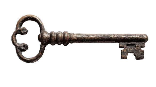  A single old rusty key isolated on white background 