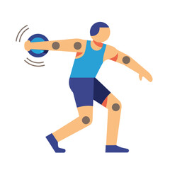 Stylized discus thrower athlete with circular joint markers, a flat vector icon.