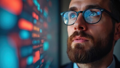 Bearded man with glasses analyzes colorful data on screen. Person looks thoughtfully on display. Analyst studies innovative solutions and future tech. It may be crypto data analysis.