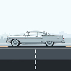 Stylized side view of a classic 1950s American coupe with tail fins and whitewall tires.