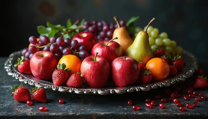 Assorted fresh fruits including apples pears oranges grapes, strawberries arranged on decorative metal platter. Vibrant colors suggest healthy organic produce perfect for food blogs or culinary sites.