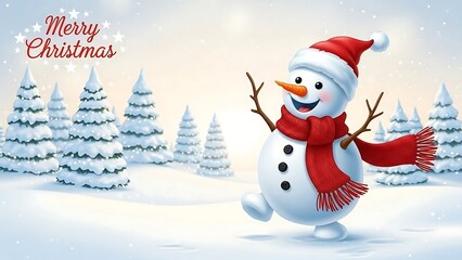Fototapeta premium Snowman wearing red scarf and hat.