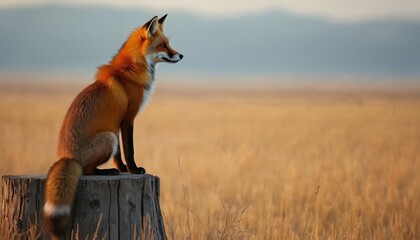 Obraz premium Fox sits on wooden stump in field at sunset. Orange fox in nature landscape. Wild animal in its natural environment. Fox creature in beautiful scenery