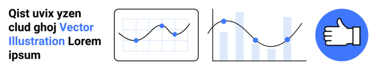 Obraz premium Data presentation, business growth, performance metrics, analytics trends, decision-making, and evaluation concepts. Line graphs with data points and a thumbs-up icon. Data presentation and business