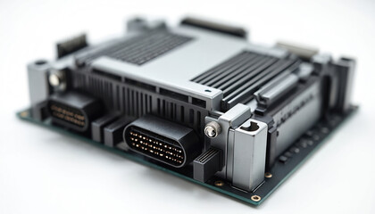 Electronic control unit ECU with heat sink, connectors. Automotive hardware module for engine management system. Computer part for industrial automation engineering. Detail closeup of integrated