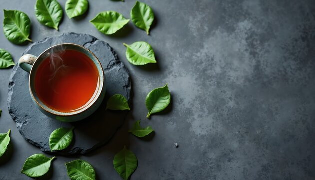 Hot herbal drink with green leaves. Cup of tea on slate stone plate. Healthy lifestyle beverage concept. Fresh aroma drink served on dark grey background. Relaxing morning tea. Top view. - Powered by Adobe