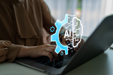 Concept of Artificial Intelligence combining industrial automation with cognitive technology. A machine learning brain processes information to optimize mechanical systems and workflows. Fermion