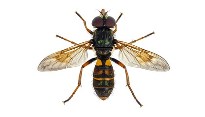 Overhead shot of an insect with iridescent green thorax, striped abdomen, and transparent wings against white background