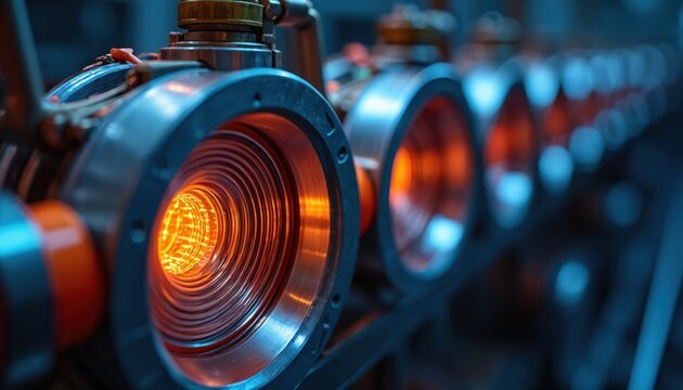 Close-up on fusion reactor core elements. Superconducting magnets contain hot plasma. Nuclear fusion power offers clean sustainable energy source. Equipment at research facility explores fusion