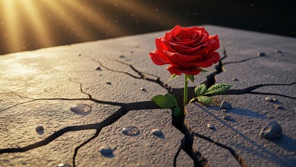blooming rose growing through cracked concrete lit by golden hour