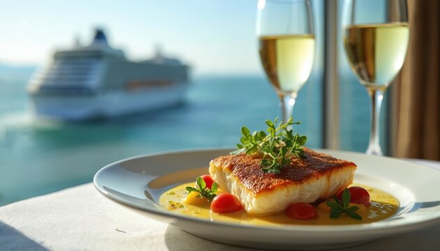 Delicious seafood meal on plate. White wine glasses nearby. Cruise ship on background with ocean view. Fine dining on vacation travel trip at sea.