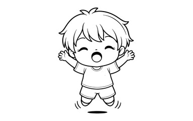 Obraz premium Cute cartoon boy jumping with joy and excitement, black and white line art