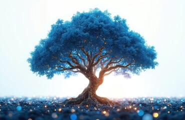 Glowing blue tree with digital circuits on trunk and branches. Light particles float on dark ground. Futuristic nature concept of growth and progress. Bright sky background.