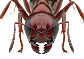 hyper-detailed macro portrait of a massive, glossy, reddish-brown queen ant featuring enormous compound eyes and sharp mandibles, isolated on a transparent background, conveying microscopic