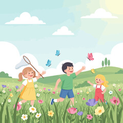 Obraz premium Children chasing butterflies in a vibrant meadow with flowers and blue sky.