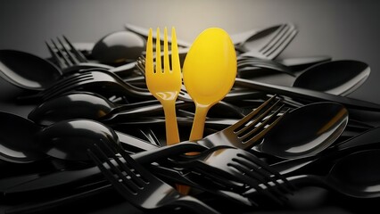 Yellow plastic utensils on black table.