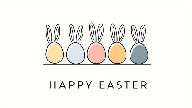 Five Easter eggs with bunny ears in a row, with the words "HAPPY EASTER" written underneath.