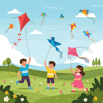 Children flying kites in a park on a sunny day, summer fun, outdoors