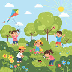 Obraz premium Children playing outdoors in spring, flying kite, watering plants, observing ladybug