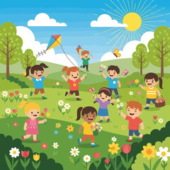 Fototapeta premium Happy kids playing outdoors in a sunny meadow with kites and flowers