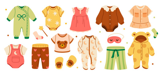 Set of baby sleepwear. Stickers with children clothing and apparel for sleeping for little boys and girls. Pajamas, bodysuits, pants and rompers. Flat vector illustrations isolated on background