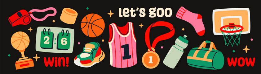 Basketball stickers set. Patches with sports equipment, uniforms, ball and basket, scoreboard, champions cup and whistle. Flat vector illustration collection isolated on background