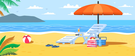 Vacation and travel concept. Tropical summer landscape with sandy beach, sea, beach umbrella and chair. Tourism, journey, and recreation in summer season. Cartoon Flat vector illustration