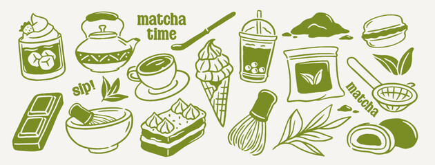 Matcha Doodle Set. Line sketches with green Japanese tea leaves, teapot, matcha powder, ice cream, cake, macarons, and mochi. Hand drawn vector illustration collection isolated on background