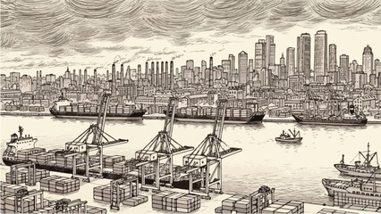 Fototapeta premium Industrial harbor port with cargo cranes and ships
