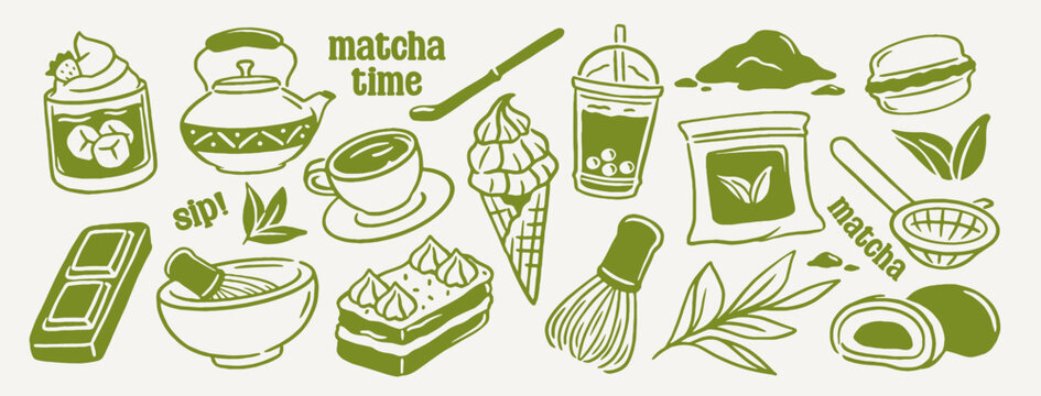 Matcha Doodle Set. Line sketches with green Japanese tea leaves, teapot, matcha powder, ice cream, cake, macarons, and mochi. Hand drawn vector illustration collection isolated on background