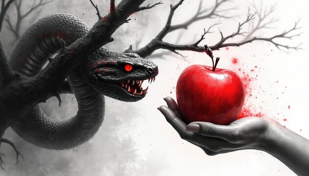 Evil serpent coils around dead tree offering red apple to outstretched hand. First temptation story from genesis. Symbol of sin and forbidden knowledge, betrayal and original fall.