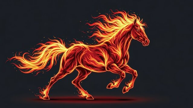 A fiery horse running dynamically with flowing mane and tail, surrounded by flames, on a dark background.