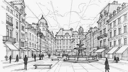 Obraz premium European city plaza with fountain and classic buildings sketch