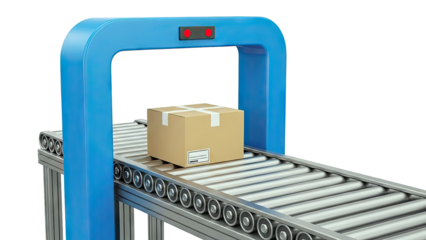 Cardboard box on a conveyor belt under a blue archway with lights