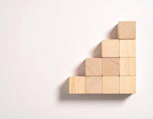 Wooden blocks arranged in a staircase pattern on a white background symbolizing growth and progress.