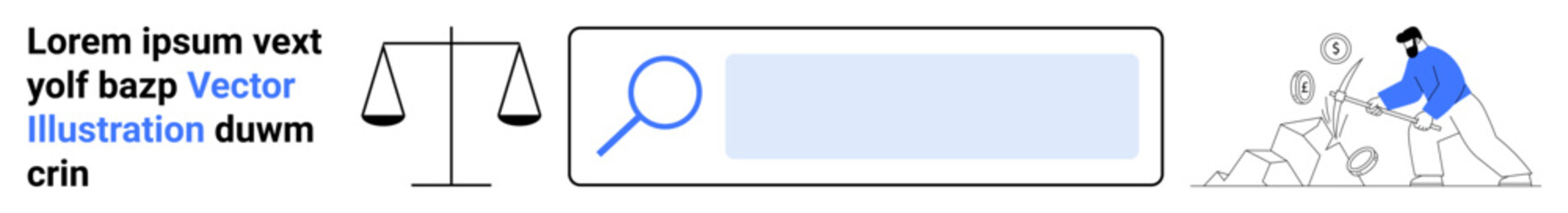 Legal systems, online search, finance, research, digital services, technology. Scale of justice, search bar coins and figure analyzing data. Legal systems and online search