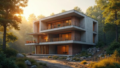 Naklejka premium Modern multistory house stands in rich forest during golden hour. Sunlight filters through green trees, creating warm glow. Contemporary home features balconies, large windows, brick, concrete