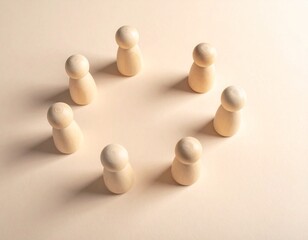 Seven wooden figures arranged in a circle on a plain background.