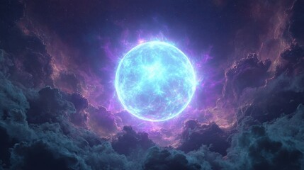 A luminous blue moon surrounded by swirling clouds and cosmic energy.
