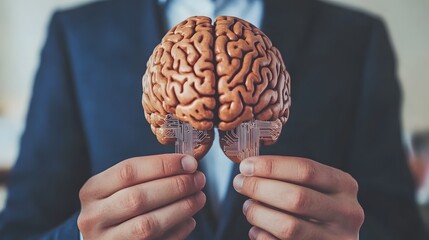Business professional holds anatomical brain model with integrated electronic circuitry