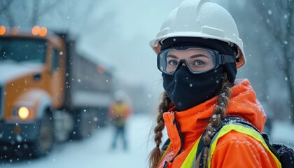 Woman engineer works outdoors during heavy snowfall wearing protective gear. Female construction worker in winter clothes. City service employee in snow storm. Professional in cold weather.