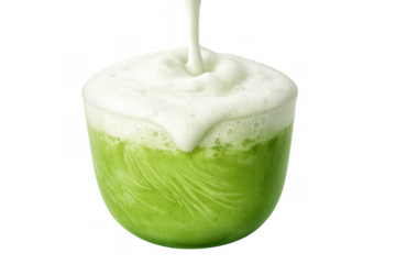 Matcha latte in a clear glass, receiving a stream of white steamed milk for a foamy topping. Transparent background