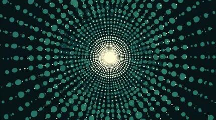 Abstract image featuring a spiral of turquoise dots radiating from a bright center.